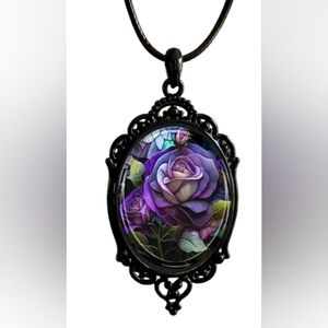 Gothic Purple Rose Cameo Necklace | Vintage Stained Glass Style Pendant